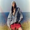 Light Blue Oversized Denim Hoodie with Half-Zip and Drawstrings