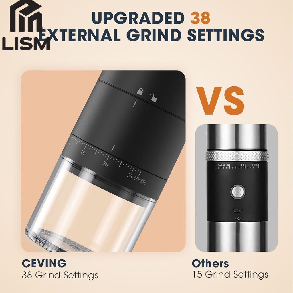 Portable Battery Powered Burr Coffee Grinder with 38 Adjustable Settings Rechargeable Coffee Bean Grinder with LED Display