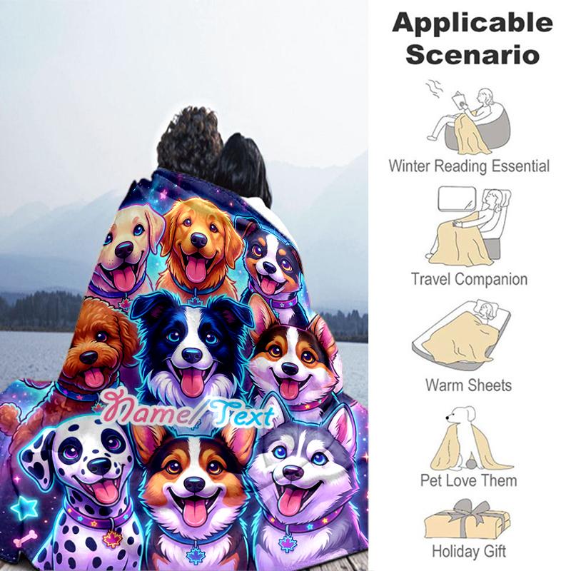 1PC Custom Name Dogs Space Adventure flannel blanket versatile,all-season throw suitable for the living room,bedroom,camping,travel,and gift