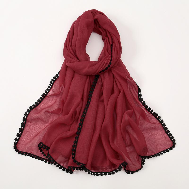 Winter Plain Solid Lace Chain Pom Pom Viscose Shawls Scarf Lady High Quality Wrap Pashmina Stole Bufandas Muslim Hijab 180*90Cm