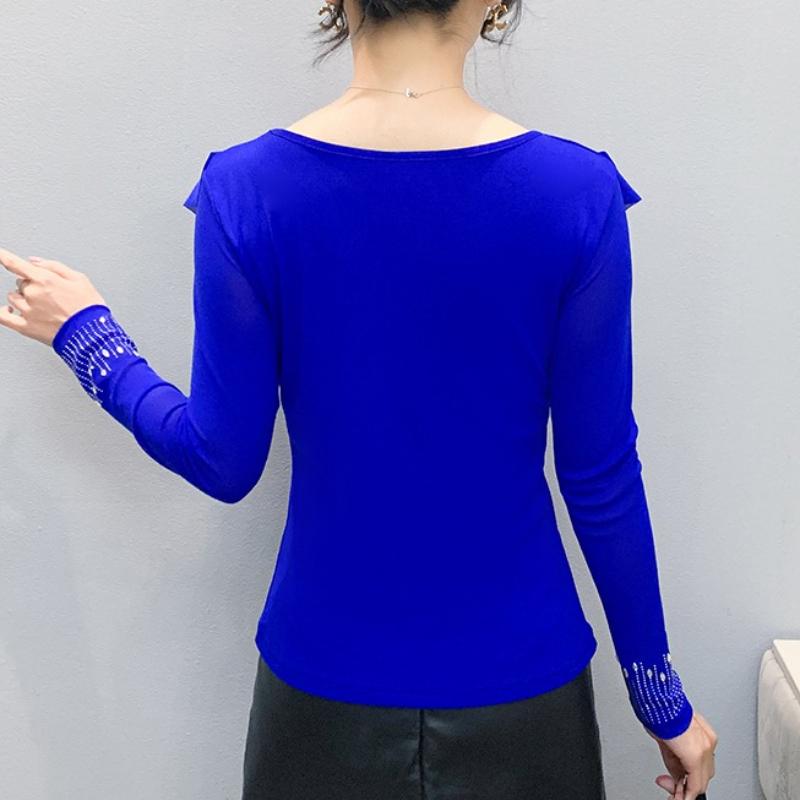 Spring Autumn Women's Ruffles Hotfix Rhinestone T-Shirt Elegant Full Sleeve Tees Slim Ladies Tops