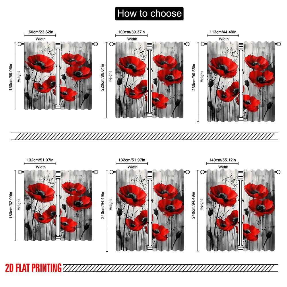 2 Stück, 2D-Flachdruck Fenster Vorhang Rote Mohnblüte Ausbruch Vielseitiger Polyesterstoff (ohne Stange) Alle Jahreszeiten Ldeal zum Wohnen