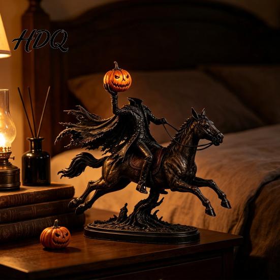 Miniature Warrior Figurine Halloween Knight On Horseback with Luminous Pumpkin Head Resin Figurine, Decorative Dark Gothic Home Decor Lighted