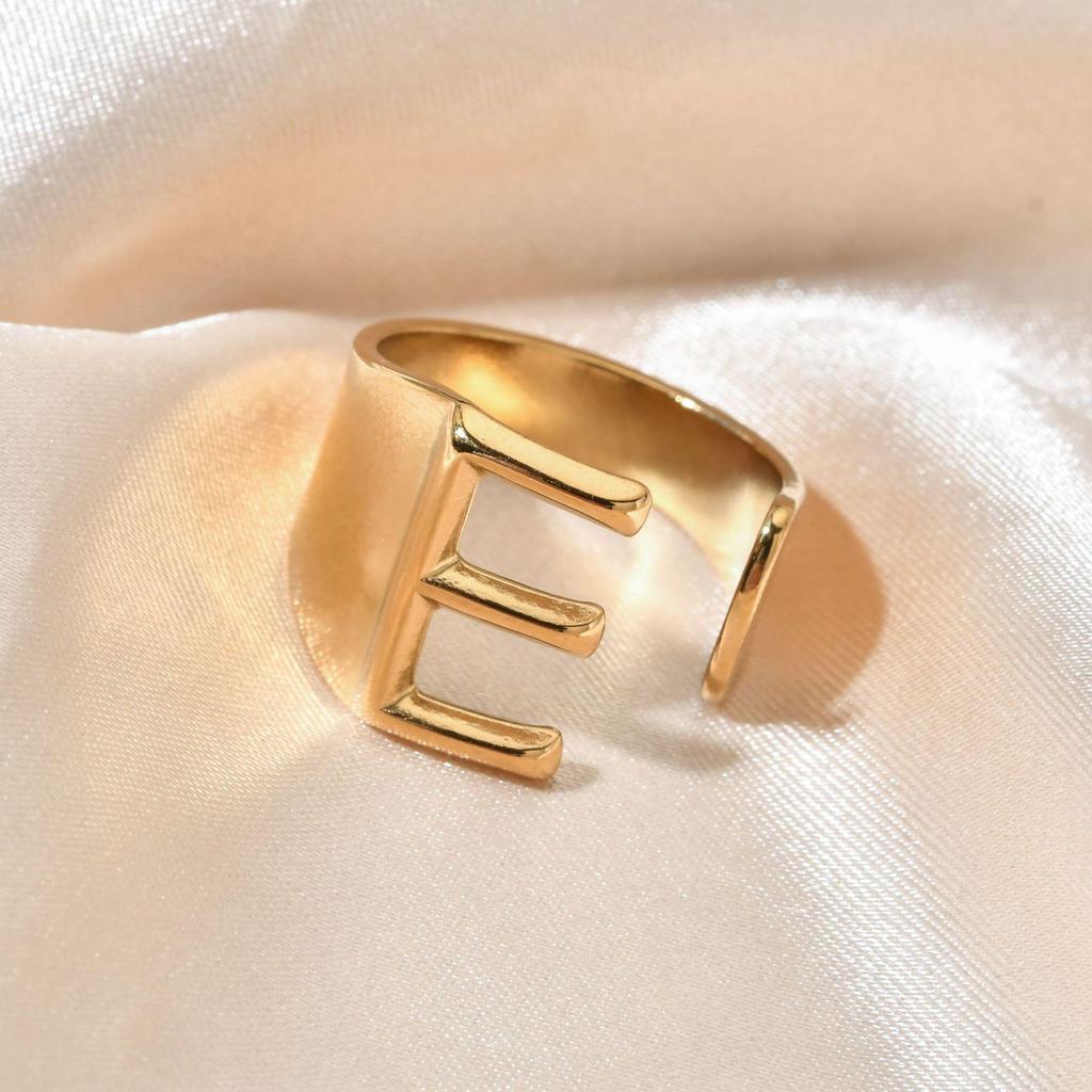 18K Gold Stainless Steel Letter Ring – Fashionable Open European & American Style, Women's Adjustable Titanium Steel Ring