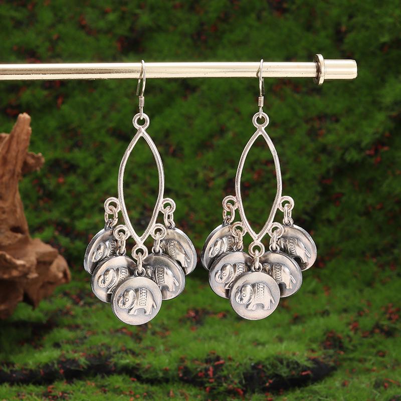 Silver-Plated Hand-Carved Pattern Circle Dangle Earrings for Women Retro Exaggerated Hypoallergenic Earrings Fashion Jewelry