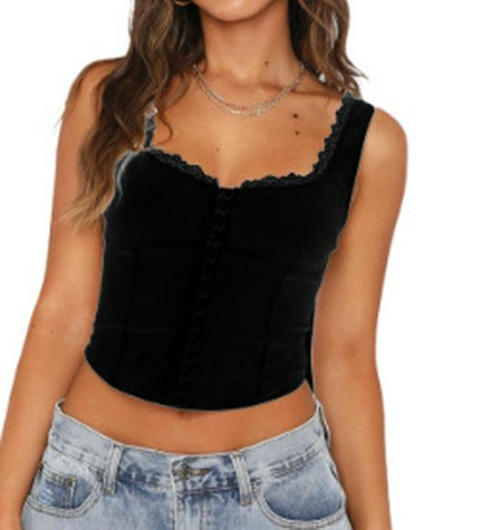 Women's Lace Square Collar Suspender Vest - Trendy European & American Design, Versatile Solid Color Casual Top.