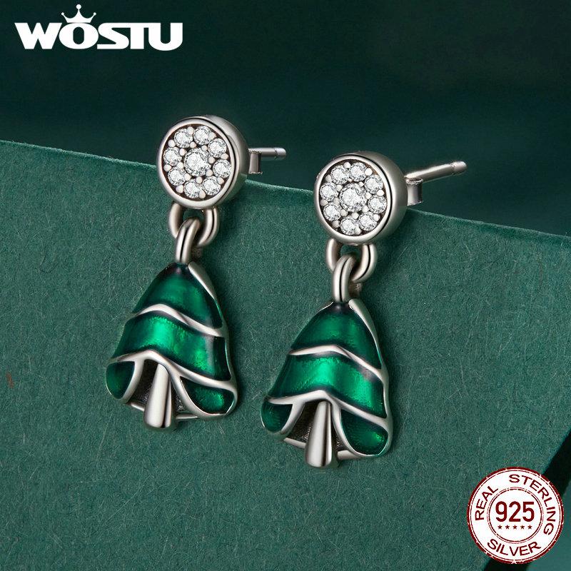 WOSTU 925 Sterling Silver Merry Xmas Gift Christmas Reindeer Stud Earrings Green Tree Drop Earring Luminous Santa Claus Studs
