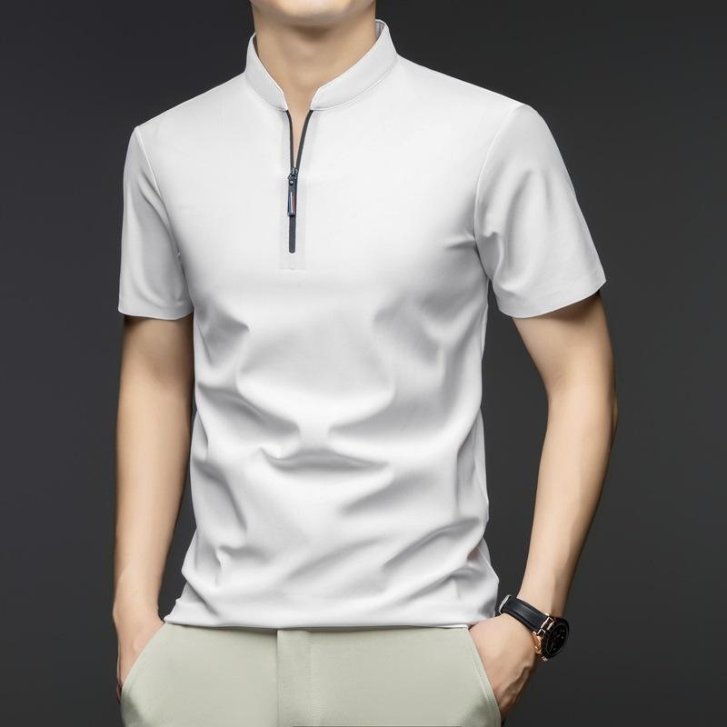 Men's Casual Fashion Solid Color Short Sleeved Polo Shirt Stand Up Collar Versatile Comfortable Top