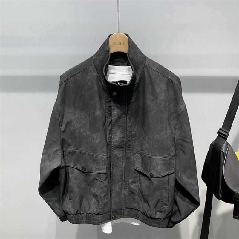 Men's Retro Distressed PU Leather Jacket - Design-Conscious, Loose Fit for Spring and Autumn