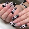 24Pcs Long Square Press On Nails Leopard Print French 3D Cherry Design False Nail Rhinestone Wearable Full Cover Fake Nails Tips