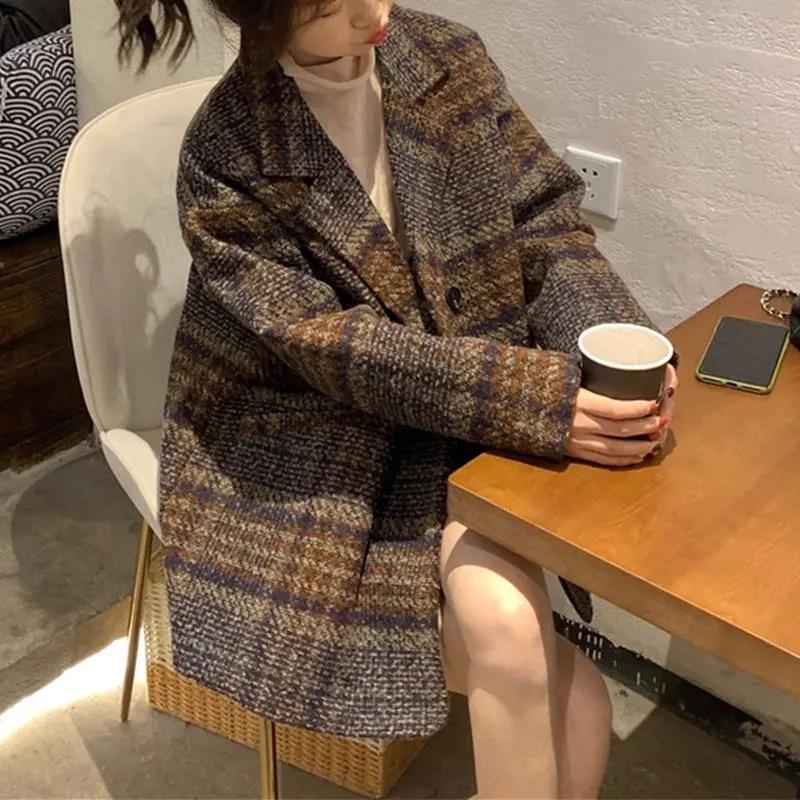 Checkered Coat for Women Autumn Winter Korean Edition Retro Western Style Reduced Age Small Fragrant Whisper Coat for Women