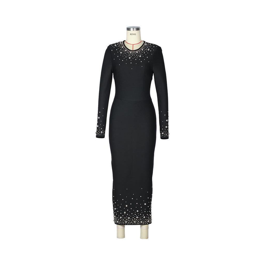 Sexy Long Sleeve Bandage Dress with Nail Detailing - Slim Fit Evening Gown