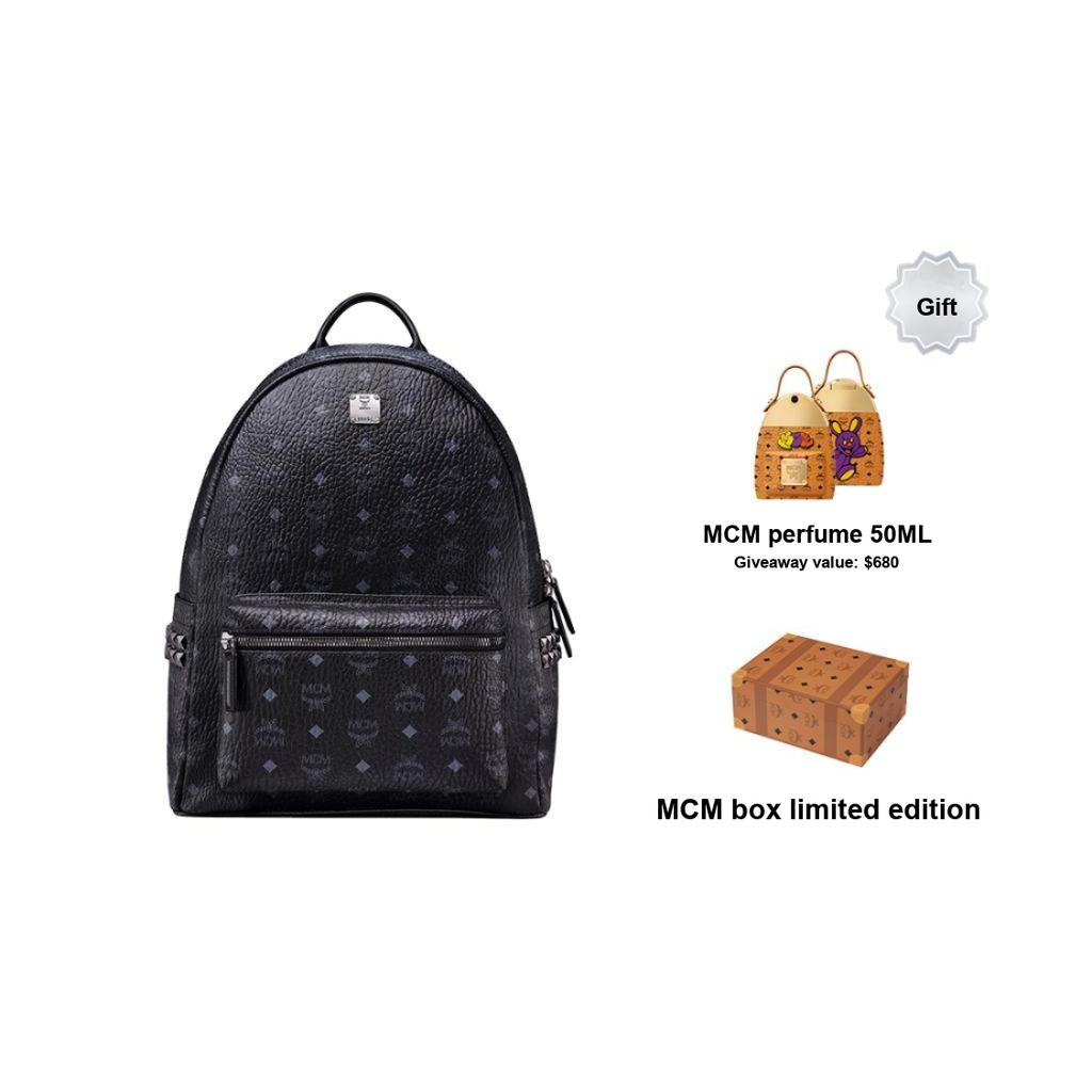 New MCM Stark Backpack Visetos Side Studs Medium Black MMK6SVE38BK001