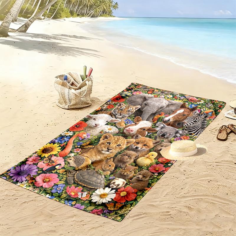 Floral Animals Print Beach Towel, Large Soft Quick Dry Towel for Beach Camping Swimming