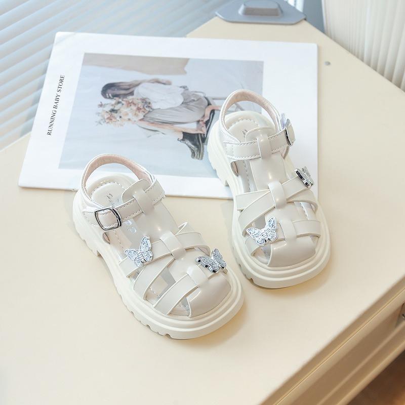 

Trendy Criss-cross Strap Designs Children Shoes Girls Sandals Thick Sole Extra Height Wedges with Sparkly Butterfly Decos I04171 26 бежевый