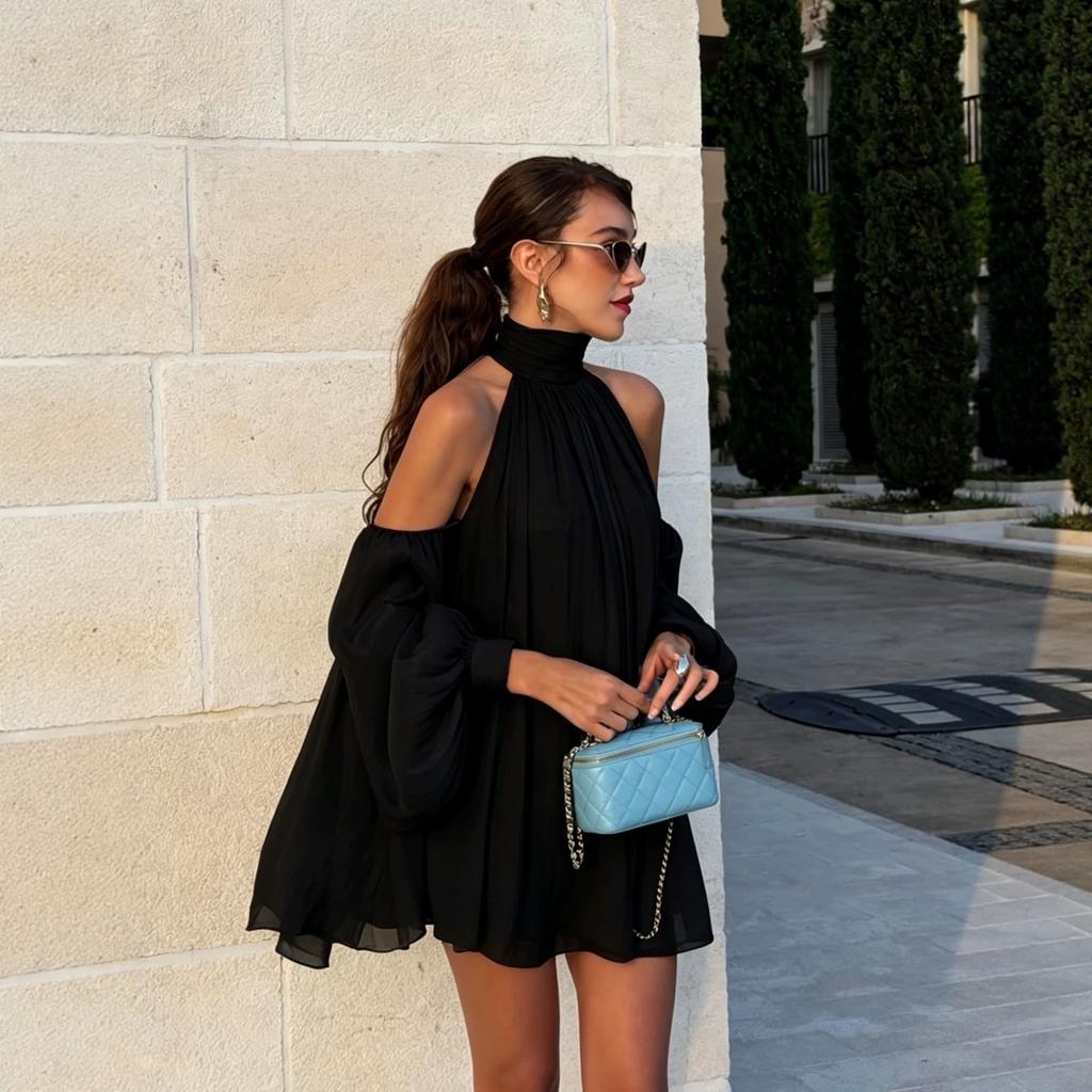 European and American holiday style neck chiffon top women's summer heap collar off the shoulder loose bubble sleeve pleated shirt
