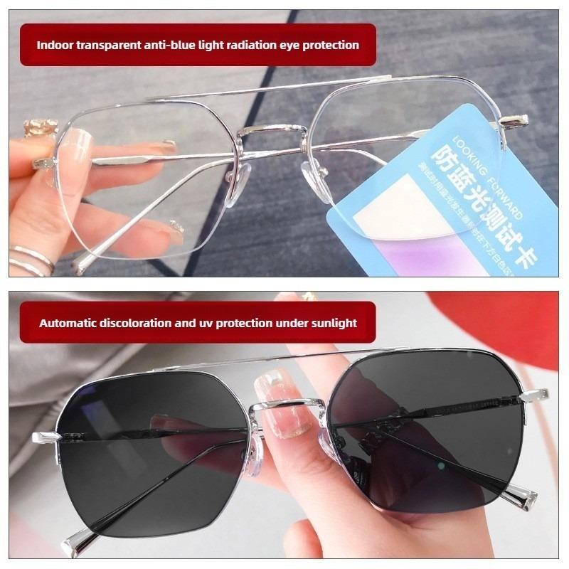 Business Rectangular Half Frame Glasses Pochromic Anti Radiation Eyewear