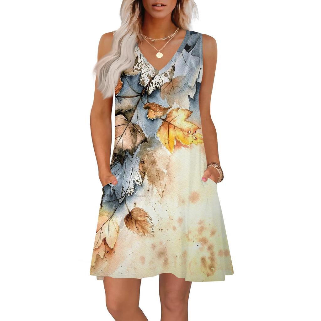 Women's Summer Dresses Loose Fit Printed V Neck Sleeveless Sundresses Beach Hawaiian Dress With Pockets