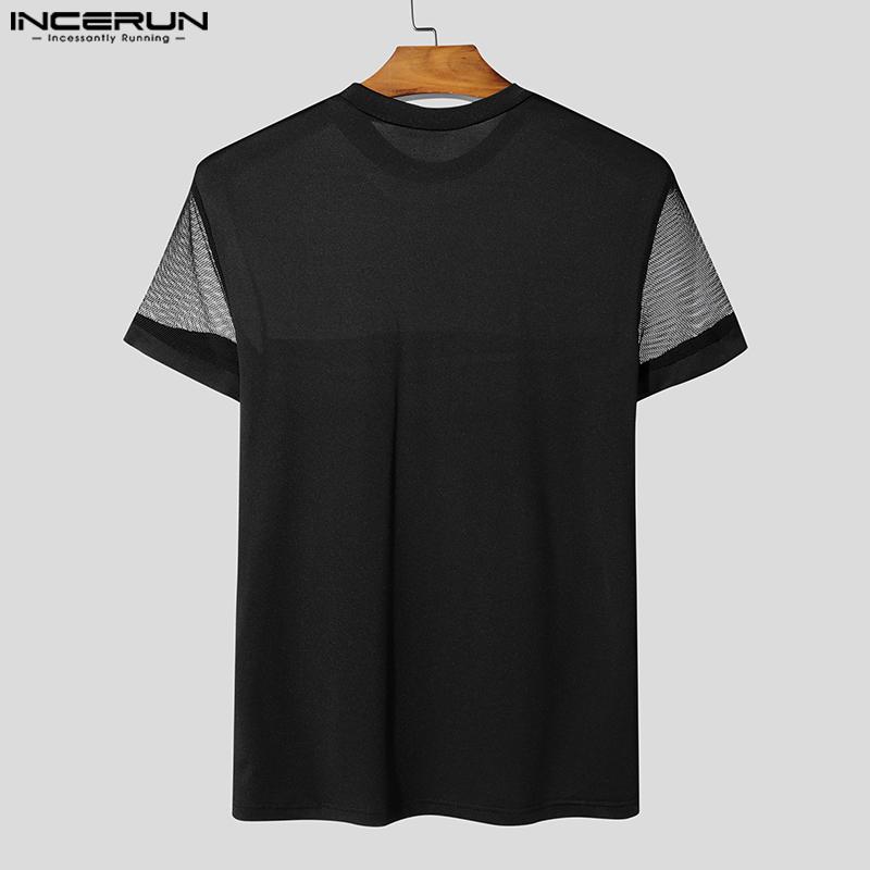 INCERUN Summer Men Short Sleeve Mesh Sheer Patchwork Skinny T-shirts