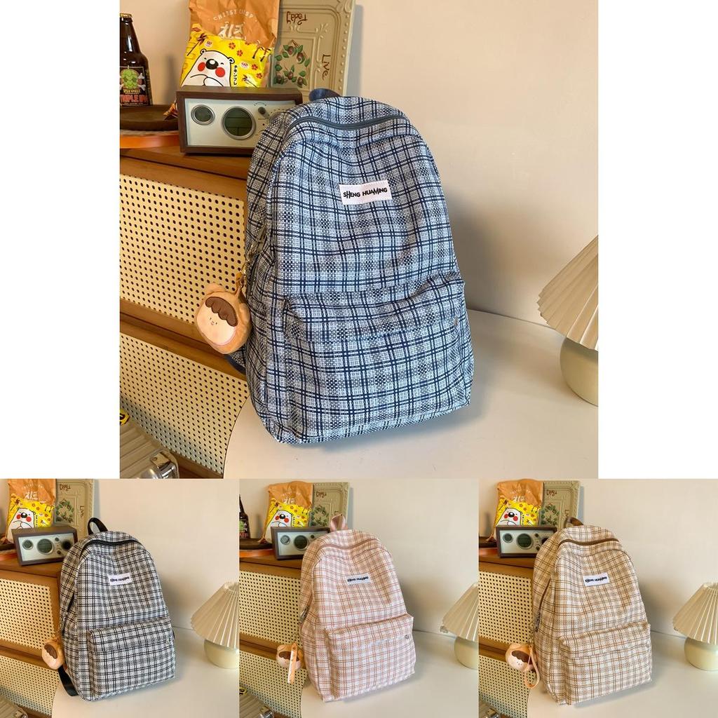 Checkered Letter Pattern Student Casual Backpack With Plush Pendant For Casual Travel
