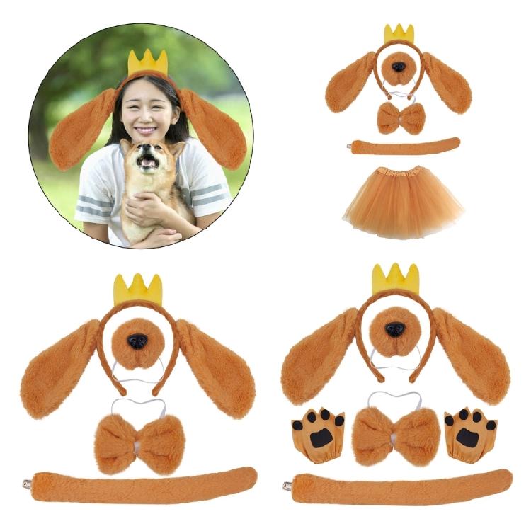 Dogs Hair Hoop Set Plush Tail Dog False Nose Dogs Ears Headband Brown Mesh Skirt Animals Cosplay Set for Halloween