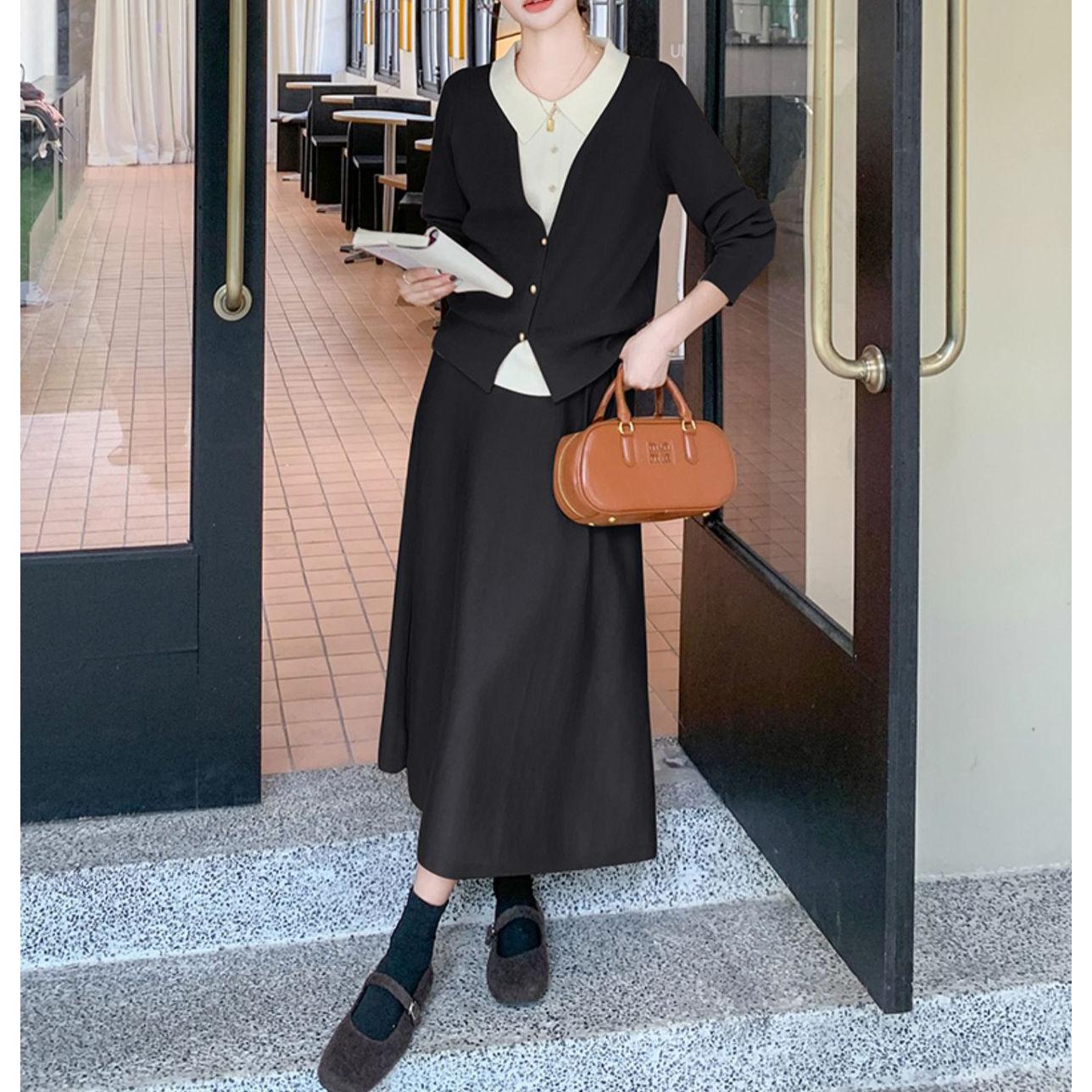 

Цветовая гамма, дизайн «два в одном», лацканы, комплект из двух предметов, осень и зима, новый темперамент, легкий и зрелый стиль, вязаный свитерный комплект для женщин One size