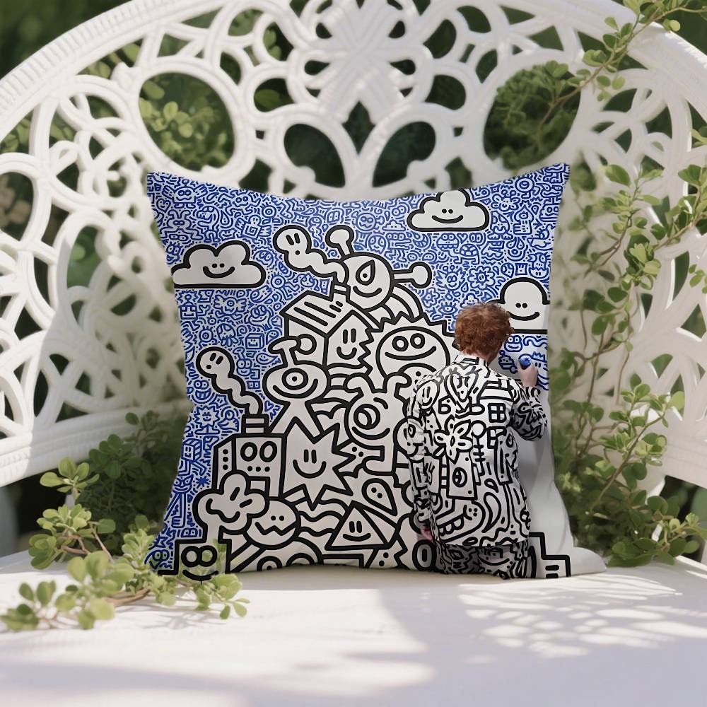 Famous Genius Graffiti Art Mr Doodle Pillow Case Anti-dustmite Pillowcase Invisible Zipper Silky Short Plush Sofa Cushion Cover