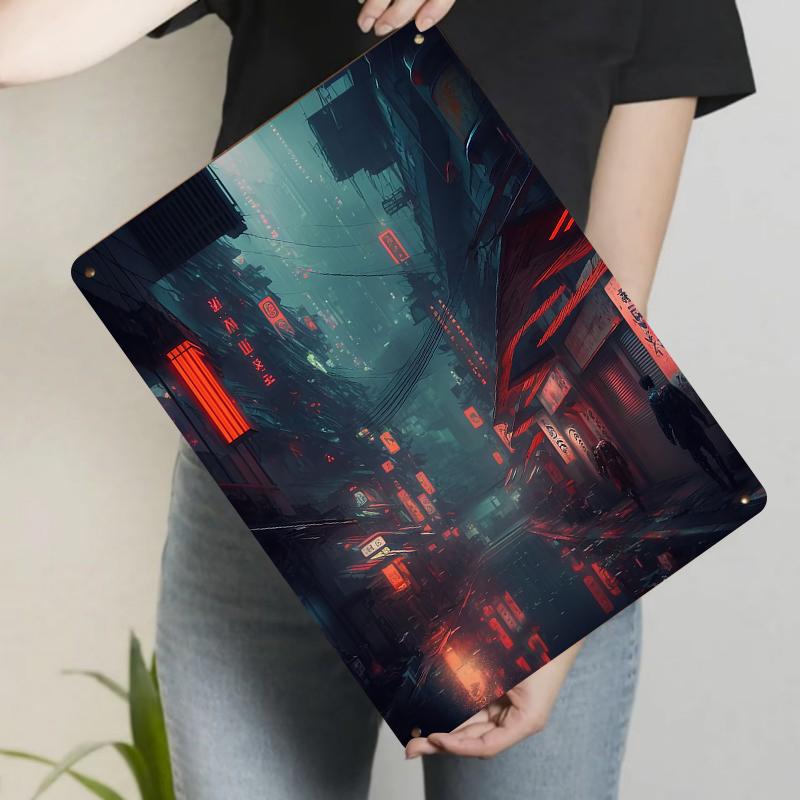 Cyberpunk Rainy Night Neon Street Metal Tin Sign Vintage Futuristic Home Decor Bar Wall Art Mural 20x30cm(7.8x11.8inch)