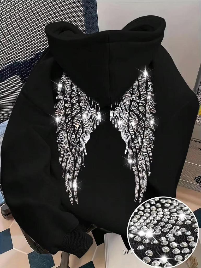 2026 Bestseller Rhinestone Wings Pullover Hoodie - Men's & Women's European Long Sleeve Style