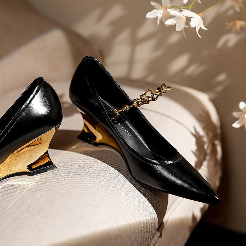 

Модные туфли-лодочки из овчины на высоком каблуке с металлической цепочкой, женские туфли-лодочки на танкетке с гальваническим покрытием для банкета, фанат 35 чёрный