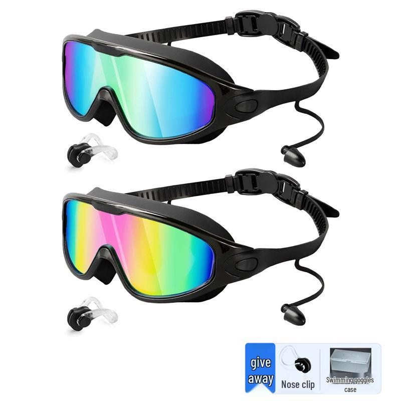 Large Frame Plated Waterproof Anti-Fog Swimming Goggles with One-Piece Earplugs for Men and Women