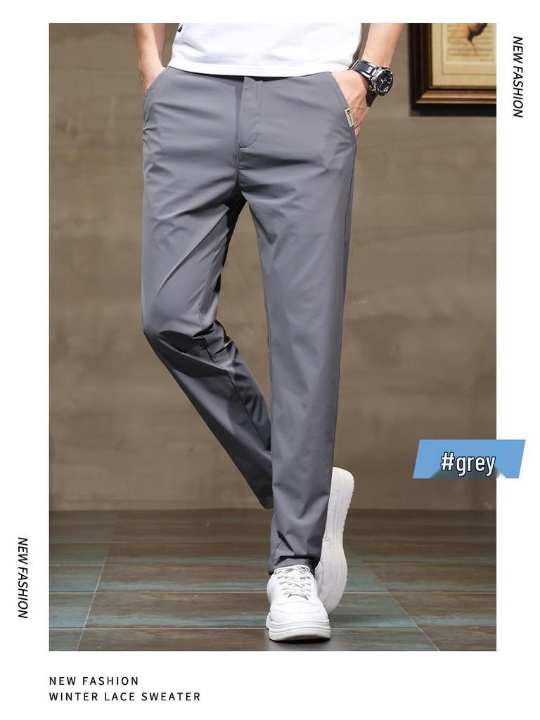 Men's Summer Slim Fit Four-Way Stretch Ice Silk Pants - Trendy Casual Straight Leg Suit Style