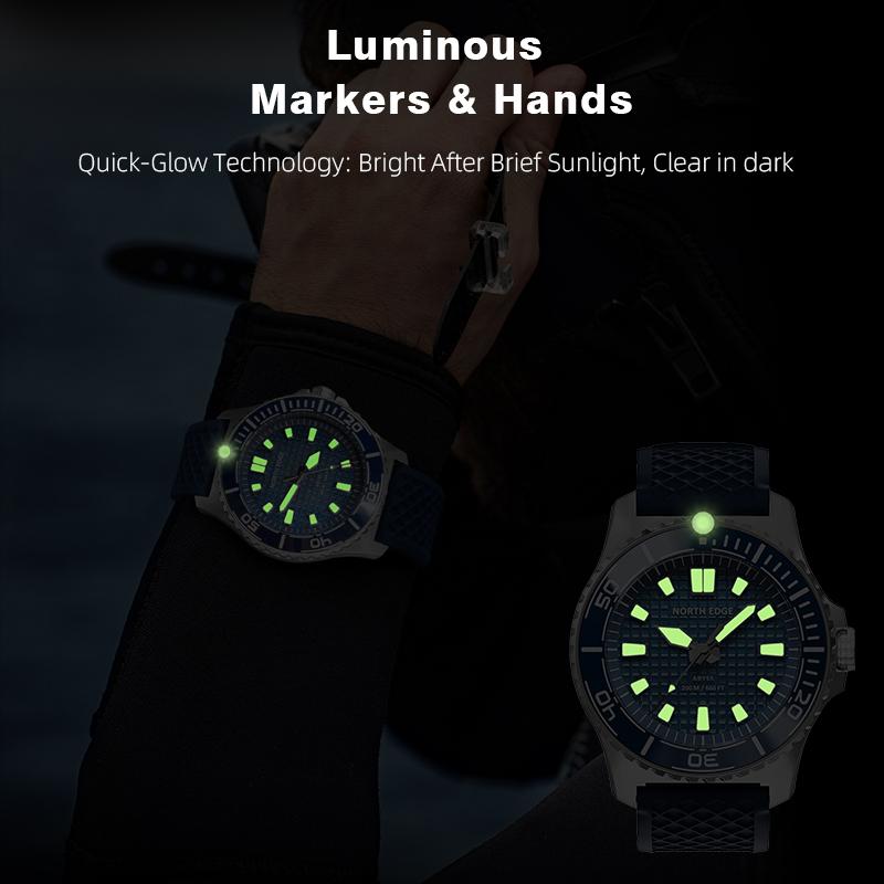 NORTH EDGE 2026 NEW ABYSS Solar Powered Dive Quartz Luxury Watch 200M Waterproof Dive Sports Watches 316L Steel 180+ Day Power