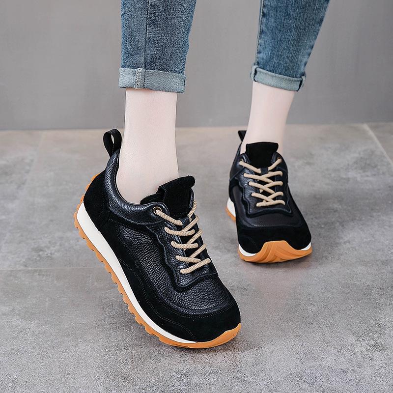 Women's Thick Sole Genuine Leather Dad Shoes - Height-Increasing, Casual Autumn/Winter Sports Sneakers