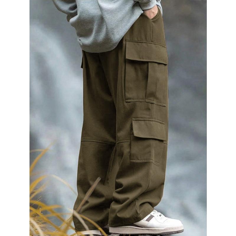 Men Elastic Drawstring Waist Cargo Pants Multi Pocket Loose Wide Leg Casual Streetwear Long Trousers