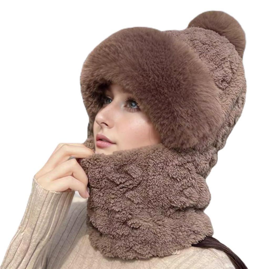 Winter Scarf Hooded Hat Set Women Plush Neck Warm Outdoor Skiing Caps Windproof Plush Hat Thick Plush Fluffy Hood