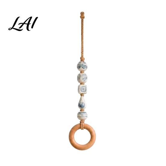 Versatile Towel Rack for Entryway Beaded Hanger with Wooden Ring Farmhouse Rustic Hand Holder Vintage Wall Mounted Storage Decorative Loop Bathroom