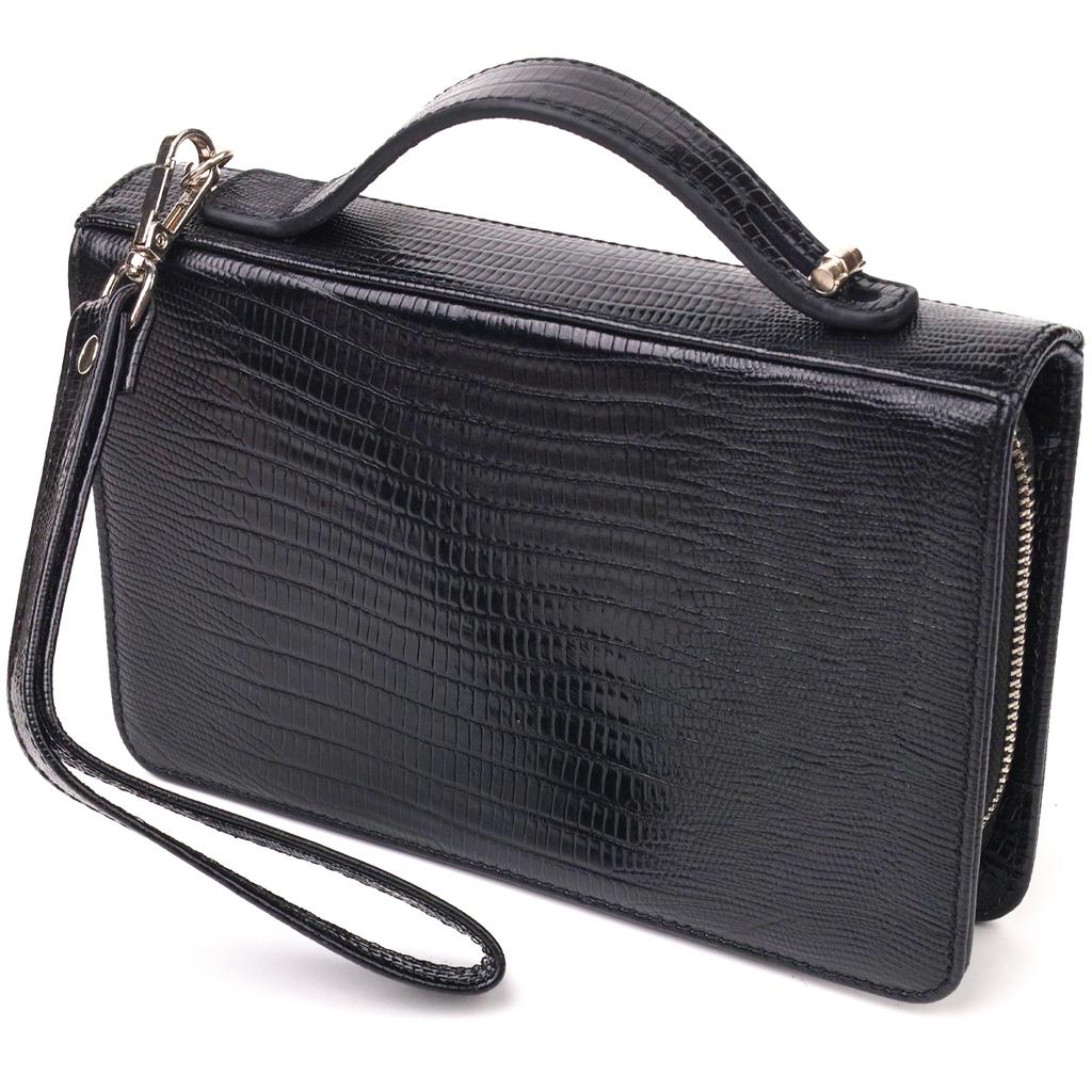 Unusual Men's Two-compartment Purse Made of Genuine Textured Leather with Reptile Embossing CANPELLINI 21571 Black