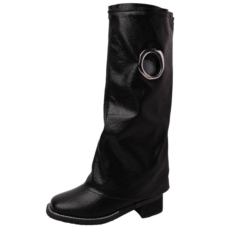 Retro Style Pointed Knight Boots Medium Boots Women's Boots Autumn and Winter Fashion Design Sense Metal Ring Trouser Tube Boots Slim Boots