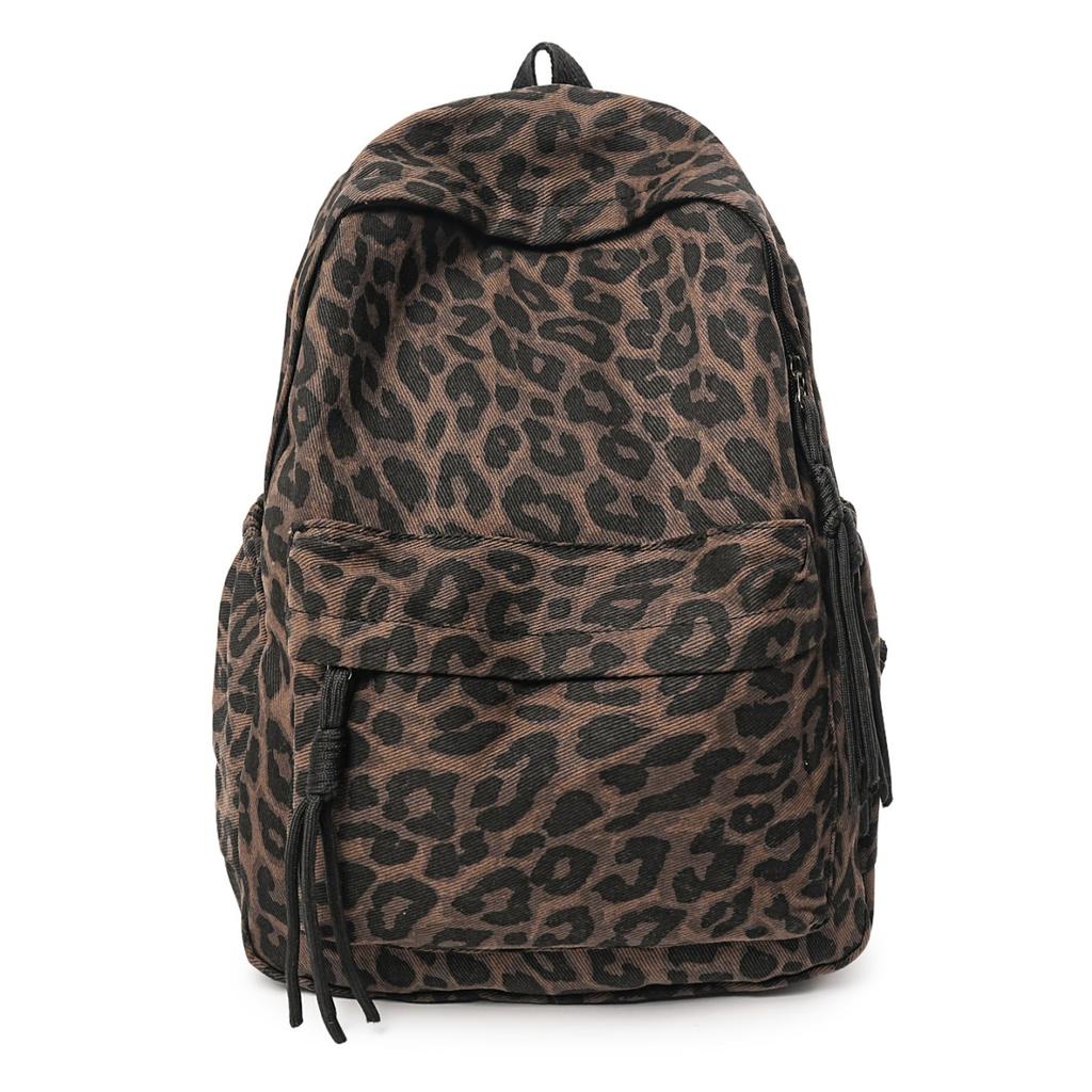 Leopard Print Backpack Casual Daily Use Trendy Street Style Lightweight Backpack for Women with Tassel Detail for School Travel and Everyday Outings
