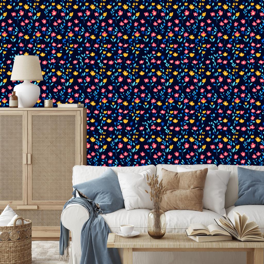 Navy Blue and Blue Flowers Wallpaper for Living Room and Bedroom 50x1000