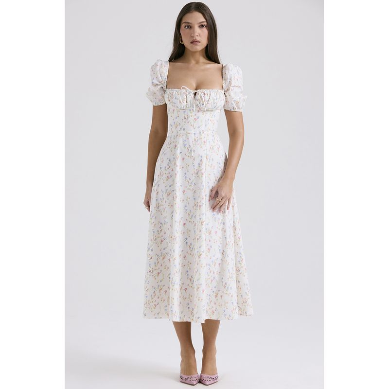 

House Same Watercolor Garden French Sweet Floral Square Collar Puff Sleeves Waist Slimming Slit Dress Watercolor Garden(High quality) S