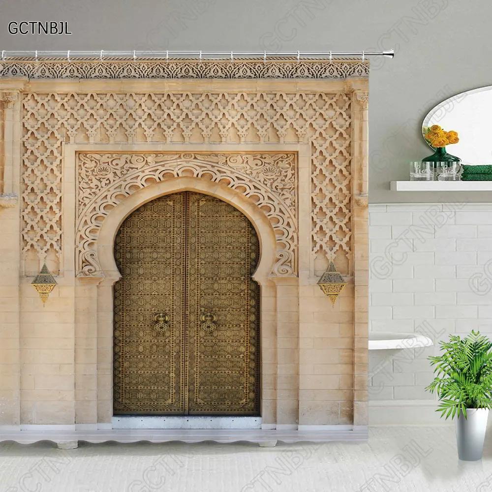 Moroccan Yellow Antique Arched Doors Shower Curtains Old Vintage Wooden Door Bathroom Waterproof Fabric Bath Curtains With Hooks