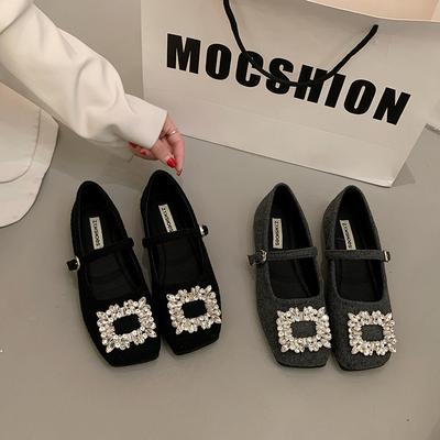 2025 New Spring Gentle Mary Jane Evening Shoes French Flat Black Square Head Rhinestone Single Shoes Women's Shoes