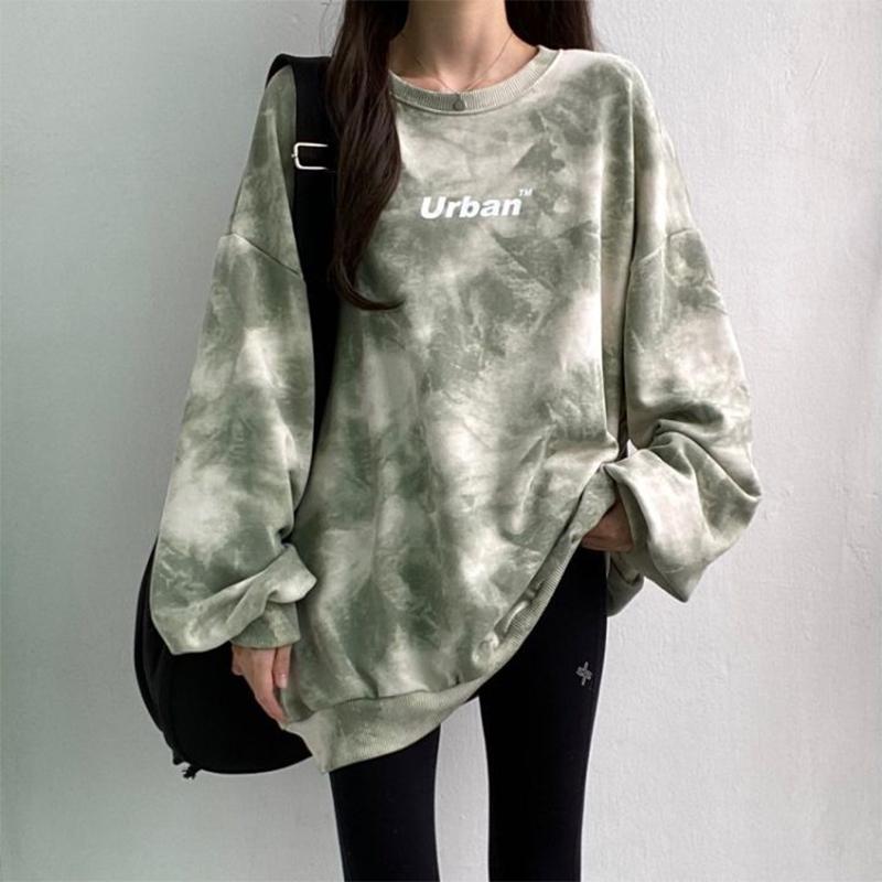 Tie-Dye-Sweatshirt für Damen, lockeres Oberteil, modisches Studenten-Alphabet, lässiger Pullover, mittellang