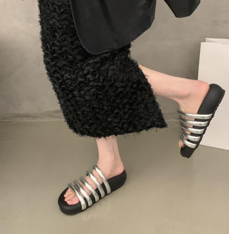Fashion Platform Slippers Summer New Round Toe Slender Ribbon Platform Anti-Slip Wear-Resistant Flat Roman Shoes
