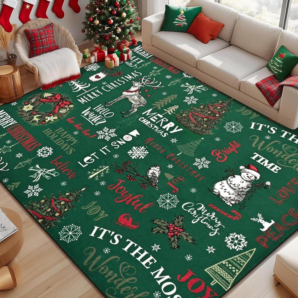 Christmas Rugs for Living Room Area Rug Snowflake Christmas Tree Washable Rug for Bedroom Non Slip Plaid Rugs Xmas Carpet
