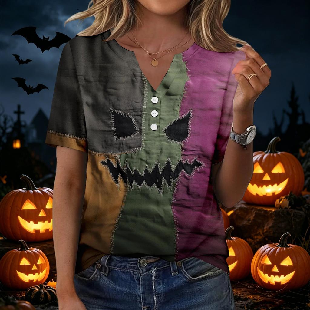 Women's Casual Halloween Printed V Neck Short Sleeve Button Front T Shirt Top for Everyday Wear Seasonal Themed Tee