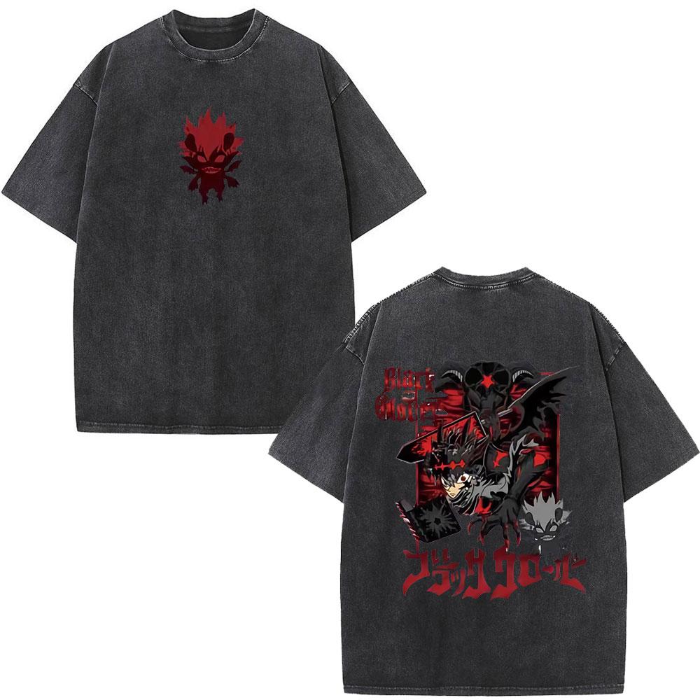 Washed Anime Black Clover Logo Graphic Print T-shirt Harajuku Summer Fashion Casual Cotton Oversized T-shirts Tops Streetwear