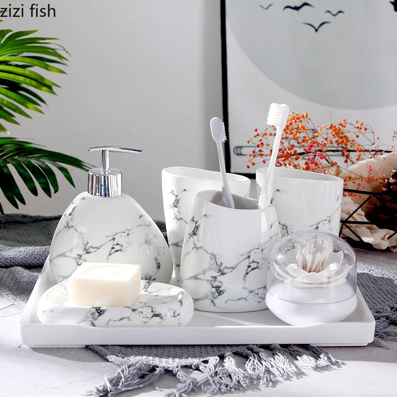 6/7pcs Set Gold Marble Ceramics Bathroom Accessories Set Soap Dispenser/Toothbrush Holder/Tumbler/Soap Dish Bathroom Products